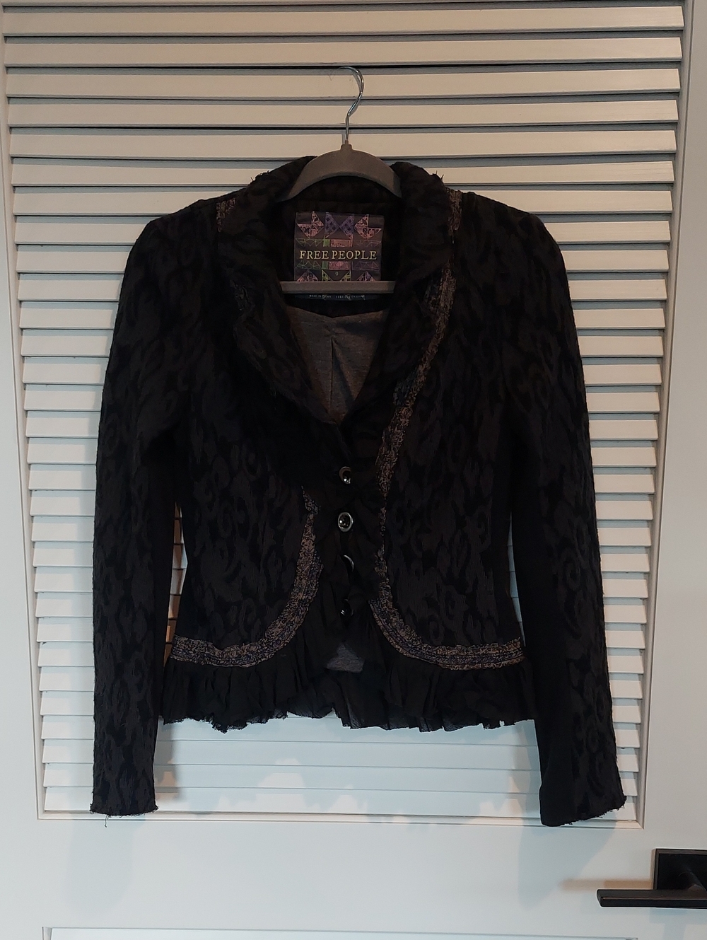 Free People Black Lace-Trim Ruffled Blazer